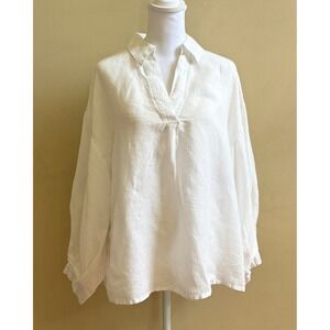 Yuvita 100% Linen Blouse‎ Balloon Sleeve Small White Coastal Popover Shirt Tunic
